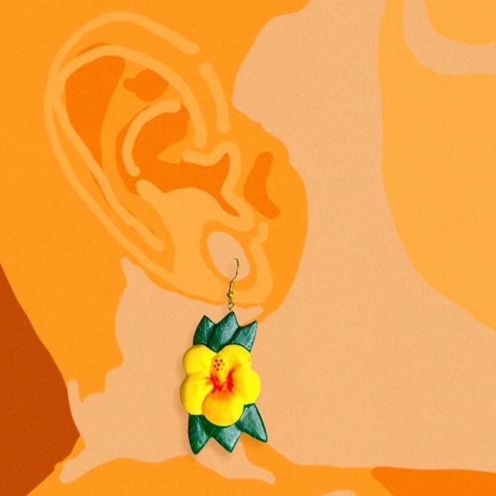 70s hand painted large wooden tropical earrings
